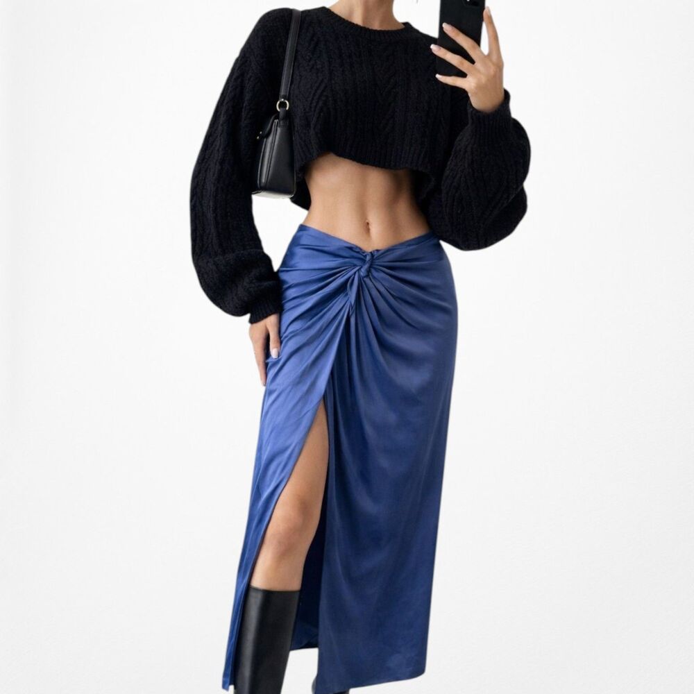 Zara Blue High Low Waisted Pleated High Slit Satin Midi Skirt Size XS/S